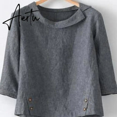 Aiertu Cotton Linen New Women Autumn Plus Size 5XL Long Sleeve Button Solid Color Casual T Shirts Women Fashion Clothing Aiertu