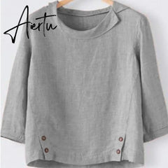 Aiertu Cotton Linen New Women Autumn Plus Size 5XL Long Sleeve Button Solid Color Casual T Shirts Women Fashion Clothing Aiertu