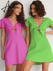 Aiertu Cotton Linen Rose Red Bowknot Dress for Women Flying Sleeve Straight Short Green Beach Summer Vestidos Black Aiertu
