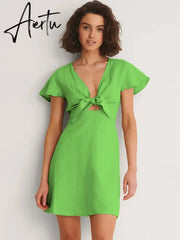 Aiertu Cotton Linen Rose Red Bowknot Dress for Women Flying Sleeve Straight Short Green Beach Summer Vestidos Black Aiertu