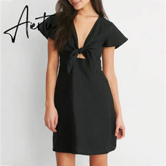 Aiertu Cotton Linen Rose Red Bowknot Dress for Women Flying Sleeve Straight Short Green Beach Summer Vestidos Black Aiertu