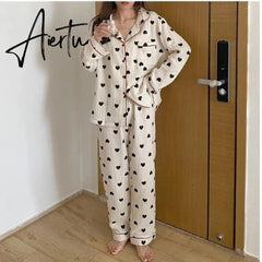 Aiertu Cotton Pajamas for Women Korean Sleepwear Heart Print Pijama Female Set Woman 2 Pieces Nightwear Autumn Pyjama Long Sleeve Aiertu