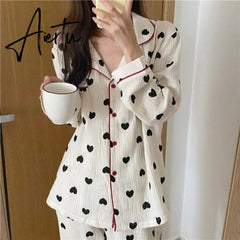 Aiertu Cotton Pajamas for Women Korean Sleepwear Heart Print Pijama Female Set Woman 2 Pieces Nightwear Autumn Pyjama Long Sleeve Aiertu