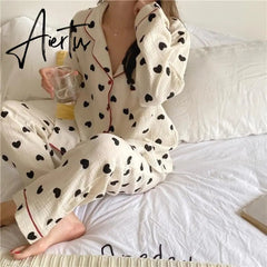 Aiertu Cotton Pajamas for Women Korean Sleepwear Heart Print Pijama Female Set Woman 2 Pieces Nightwear Autumn Pyjama Long Sleeve Aiertu