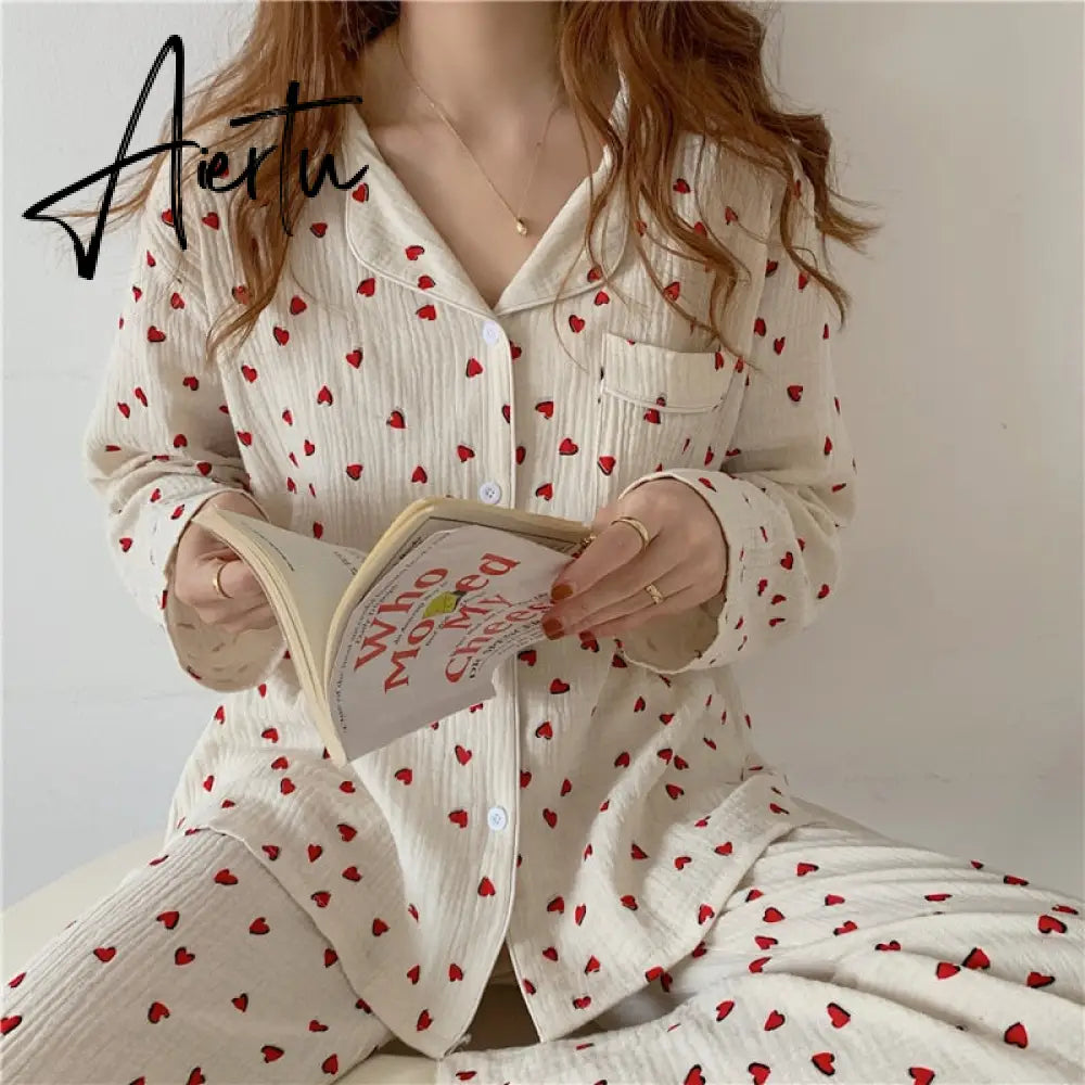 Aiertu Cotton Pajamas Set Comfortable Long Sleeve Lovely Sweet Leisurewear Home Suit Spring Sleepwear Soft Korean Heart Print Kawaii Aiertu