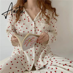 Aiertu Cotton Pajamas Set Comfortable Long Sleeve Lovely Sweet Leisurewear Home Suit Spring Sleepwear Soft Korean Heart Print Kawaii Aiertu