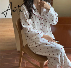 Aiertu Cotton Pajamas Set Comfortable Long Sleeve Lovely Sweet Leisurewear Home Suit Spring Sleepwear Soft Korean Heart Print Kawaii Aiertu