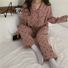 Aiertu Cotton Pajamas Set Comfortable Long Sleeve Lovely Sweet Leisurewear Home Suit Spring Sleepwear Soft Korean Heart Print Kawaii Aiertu