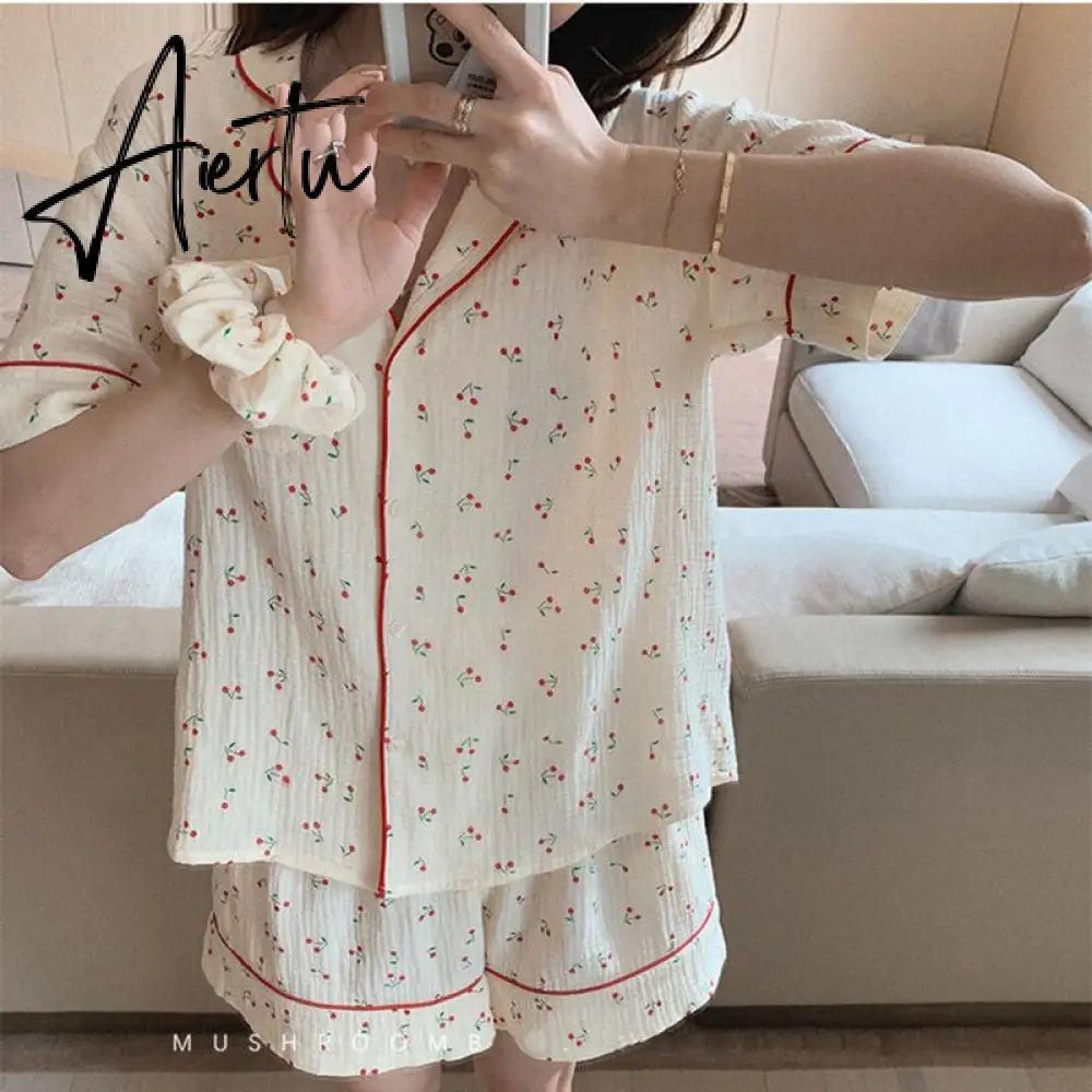 Aiertu Cotton Suits with Shorts Girl Korean Women's Pajamas Kawaii Pyjama Cherry Print Pijama Short Sleeve Sleepwear Nightie Pjs Aiertu