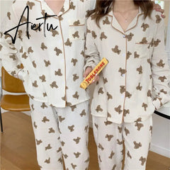 Aiertu Cotton Women's Pajamas Kawaii Sleepwear Bear Print Couple Nightwear Cute Cartoon Print Pijama 2 Piece Set Pyjamas for Man Aiertu