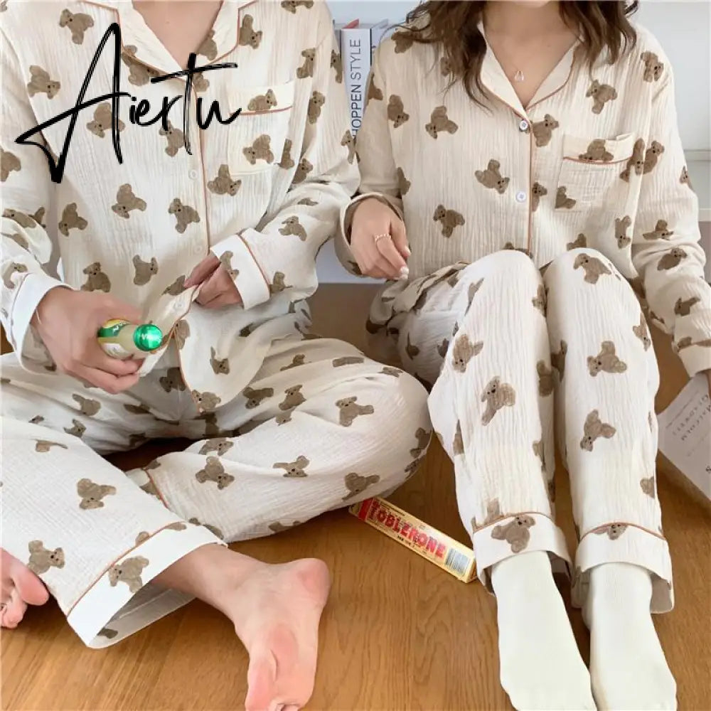 Aiertu Cotton Women's Pajamas Kawaii Sleepwear Bear Print Couple Nightwear Cute Cartoon Print Pijama 2 Piece Set Pyjamas for Man Aiertu
