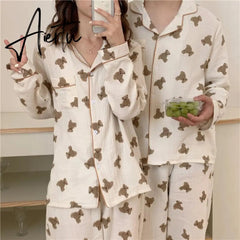Aiertu Cotton Women's Pajamas Kawaii Sleepwear Bear Print Couple Nightwear Cute Cartoon Print Pijama 2 Piece Set Pyjamas for Man Aiertu