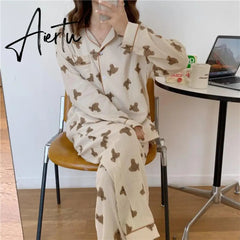 Aiertu Cotton Women's Pajamas Kawaii Sleepwear Bear Print Couple Nightwear Cute Cartoon Print Pijama 2 Piece Set Pyjamas for Man Aiertu