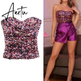 Aiertu Cropped Sequin Top Woman Strapless Backless Tube Sexy Tops Women Sleeveless Y2K Off Shoulder Corset Crop Top Aiertu