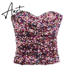 Aiertu Cropped Sequin Top Woman Strapless Backless Tube Sexy Tops Women Sleeveless Y2K Off Shoulder Corset Crop Top Aiertu
