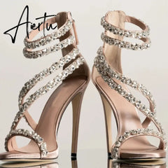 Aiertu Crystal Straps Women Sandals Back Zipper High Thin Heels Ankle Wrap Sandals Narrow Band Sweet Fashion Casual Party Female Pumps Aiertu