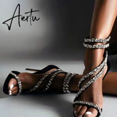 Aiertu Crystal Straps Women Sandals Back Zipper High Thin Heels Ankle Wrap Sandals Narrow Band Sweet Fashion Casual Party Female Pumps Aiertu