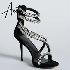 Aiertu Crystal Straps Women Sandals Back Zipper High Thin Heels Ankle Wrap Sandals Narrow Band Sweet Fashion Casual Party Female Pumps Aiertu