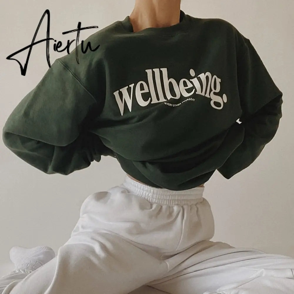 Aiertu Dark Green Letter Printing Sweatshirt Women Crewneck Long Sleeve Loose High Street Harajuku Hoodies Korean Fashion Autumn Winter Aiertu