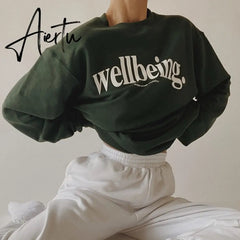Aiertu Dark Green Letter Printing Sweatshirt Women Crewneck Long Sleeve Loose High Street Harajuku Hoodies Korean Fashion Autumn Winter Aiertu
