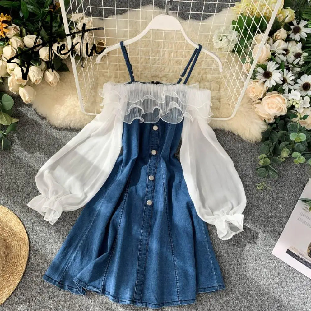 denim dress sleeve korean Aiertu Denim Dress Ruffle Jeans Dress Women Slip Off Shoulder Dresses