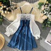 Aiertu Denim Dress Ruffle Jeans Dress Women Slip Off Shoulder Dresses Mesh Patchwork Long Sleeve Clothes Korean Cute Kawaii Lolita Aiertu
