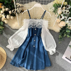 Aiertu Denim Dress Ruffle Jeans Dress Women Slip Off Shoulder Dresses Mesh Patchwork Long Sleeve Clothes Korean Cute Kawaii Lolita Aiertu