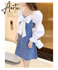 Aiertu Denim Dress Ruffle Jeans Dress Women Slip Off Shoulder Dresses Mesh Patchwork Long Sleeve Clothes Korean Cute Kawaii Lolita Aiertu