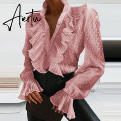 Aiertu Denim Ruffled Long Sleeve Button Shirt Blouse Summer Sexy V Neck Pleated Chiffon Blouses Spring Elegant Office Lady Tops Blusa Aiertu