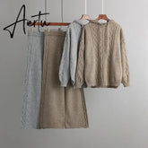 Aiertu Drawstring Hooded Women Knitted Sets Irregular Loose Sweater+Casual Wide Leg Long Pants Winter Warm Two Pieces Suits Aiertu