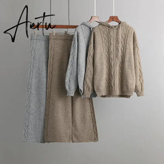 Aiertu Drawstring Hooded Women Knitted Sets Irregular Loose Sweater+Casual Wide Leg Long Pants Winter Warm Two Pieces Suits Aiertu
