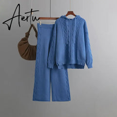 Aiertu Drawstring Hooded Women Knitted Sets Irregular Loose Sweater+Casual Wide Leg Long Pants Winter Warm Two Pieces Suits Aiertu