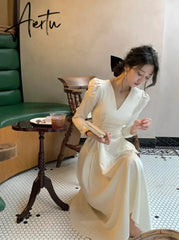Aiertu Drawstring Pleated Chic Satin V-neck Midi Dress Women Autumn Korean Puff Sleeve Skinny High Waist Elegant Dresses Female Aiertu