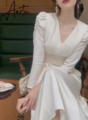 Aiertu Drawstring Pleated Chic Satin V-neck Midi Dress Women Autumn Korean Puff Sleeve Skinny High Waist Elegant Dresses Female Aiertu