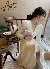 Aiertu Drawstring Pleated Chic Satin V-neck Midi Dress Women Autumn Korean Puff Sleeve Skinny High Waist Elegant Dresses Female Aiertu