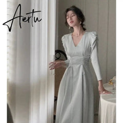 Aiertu Drawstring Pleated Chic Satin V-neck Midi Dress Women Autumn Korean Puff Sleeve Skinny High Waist Elegant Dresses Female Aiertu