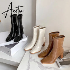 Aiertu Elastic Thin Boots Mid-tube Short Boots Autumn and Winter New Thick Heel High Heel Patent Leather White Martin Boots Women Aiertu