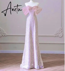 Aiertu Elegant Boat Neck Pink Formal Pearl Evening Dress 2024 Sweet Bow Quinceanera Dress Beading Banquet Party Dresses Vestidos Aiertu