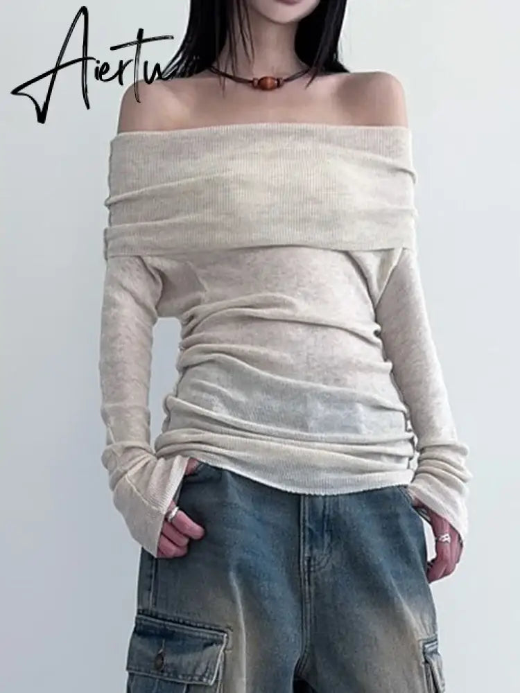 Aiertu Elegant Casual Solid T Shirt Basic Slash Neck Long Sleeve Tees Women Autumn Spring Fashion Ladies Streetwear Lady Aiertu