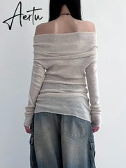 Aiertu Elegant Casual Solid T Shirt Basic Slash Neck Long Sleeve Tees Women Autumn Spring Fashion Ladies Streetwear Lady Aiertu