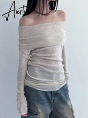 Aiertu Elegant Casual Solid T Shirt Basic Slash Neck Long Sleeve Tees Women Autumn Spring Fashion Ladies Streetwear Lady Aiertu