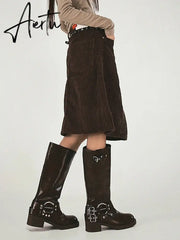 Aiertu Elegant Fashion Corduroy A-Line Skirt Office Ladies Solid Low-Waited Midi Skirts Women Autumn Winter Streetwear Aiertu
