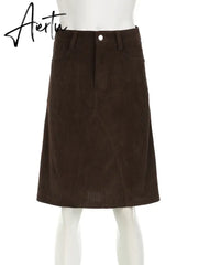 Aiertu Elegant Fashion Corduroy A-Line Skirt Office Ladies Solid Low-Waited Midi Skirts Women Autumn Winter Streetwear Aiertu