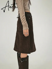 Aiertu Elegant Fashion Corduroy A-Line Skirt Office Ladies Solid Low-Waited Midi Skirts Women Autumn Winter Streetwear Aiertu