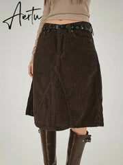 Aiertu Elegant Fashion Corduroy A-Line Skirt Office Ladies Solid Low-Waited Midi Skirts Women Autumn Winter Streetwear Aiertu