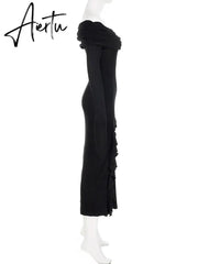 Aiertu Elegant Fashion Dark Ruffles Split Long Dress Gothic Slash Neck Long Sleeve Maxi Dresses For Women Holiday Beach Aiertu