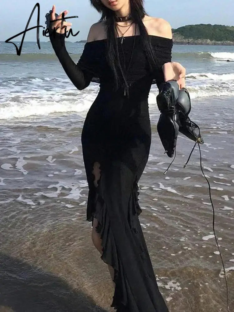 Aiertu Elegant Fashion Dark Ruffles Split Long Dress Gothic Slash Neck Long Sleeve Maxi Dresses For Women Holiday Beach Aiertu