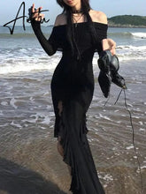 Aiertu Elegant Fashion Dark Ruffles Split Long Dress Gothic Slash Neck Long Sleeve Maxi Dresses For Women Holiday Beach Aiertu