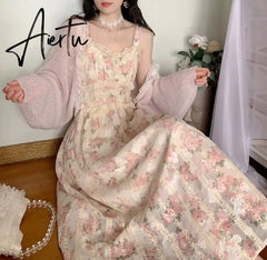Aiertu Elegant Floral Fairy Dress Women Strap Sexy Party Midi Dresses Casual Design Chic Printing High Waist Fashion Female Dress Aiertu