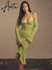 Aiertu Elegant Halter Midi Dress for Women Summer Sexy Backless Club Party Green Mesh Sheer Dresses Gown Vestido Clothes Aiertu